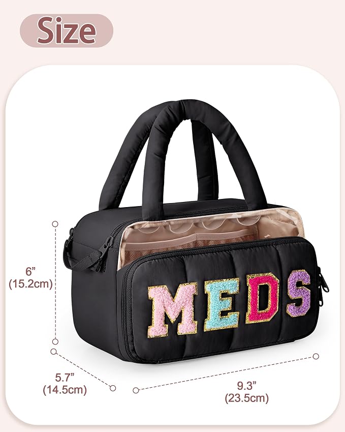 Fasrom Chenille Letter Medicine Bag, Pill Bottle Organizer for Travel Meds | Preppy Patch Design, Puffy Handle, Portable Storage for Medical Supplies & Toiletries, Makeup Case for Women