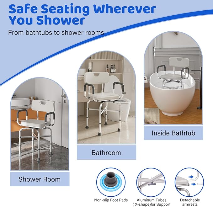 360° Swivel Shower Chair for Inside Shower, 500lbs Swivel Shower Chair with Arms and Back, Adjustable Height Shower Chair for Elderly and Disabled with Stable Non-Slip Design Bathroom Tub Stool