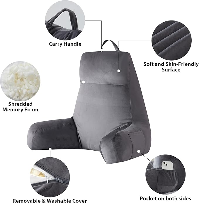 Reading Pillow with Arms for Adult, Back Pillow for Bed Sitting Up, Shredded Memory Foam Backrest Pillow with Pockets & Removable Washable Cover, Lounging, Watching TV, Reading(24inch Grey)