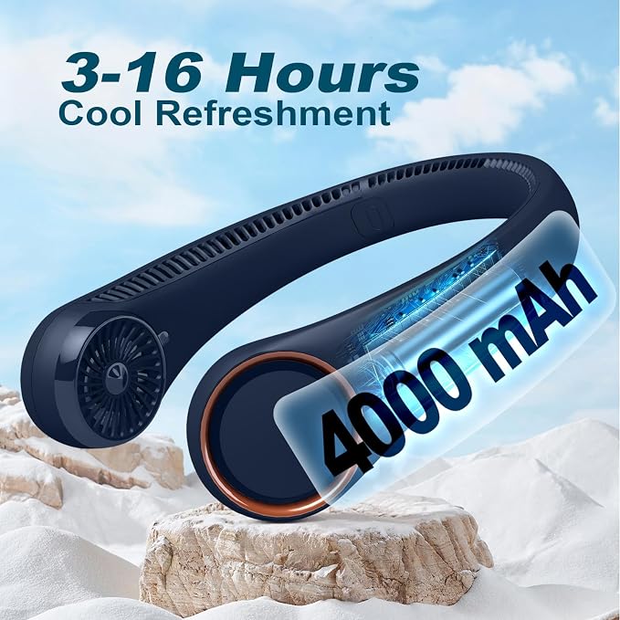CIVPOWER Neck Fan: Portable Personal Neck Cooling Rechargeable Bladeless Fan - Hands Free 3 Speed 4000 mAh Battery USB Operated Wearable Headphone Design - Gift for Men Women Outdoor (Dark Blue)