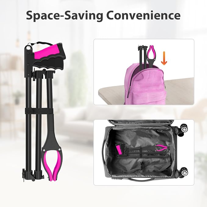 43" Foldable Grabber Reacher Pickup Tool for Seniors, Pink | 360° Rotating Jaw, Two Magnets, Extra Long Trash Picker Upper, Lightweight for Elderly, Indoor & Outdoor