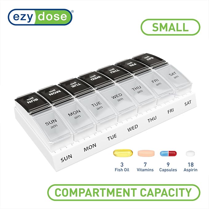 EZY DOSE Weekly (7-Day) AM/PM Pill Case, Medicine Planner, Vitamin Organizer, Small Pop-Out Compartments, 2 Times a Day, Black and Clear Lids (Pack of 2)