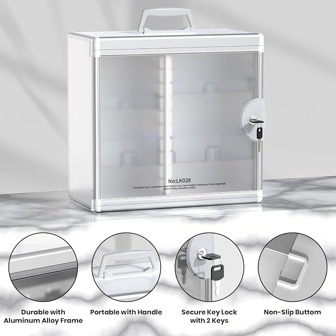 Lockable Medicine Cabinet with Key - Aluminum Wall Mount Medication Lock Box with 3 Removable Trays & Handle, Secure Locking Medicine Storage Organizer for Home, School & Office (Silver)