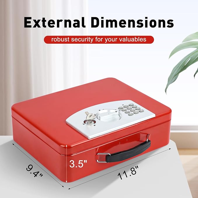 KYODOLED Red Safe Box with Digital Keypad Lock, Lock Box with Code for Personal Items, Metal Security Box for Cash, Passport, Jewelry, Ideal for Home, Office, Garage Sale, 11.8'' x 9.4'' x 3.5''