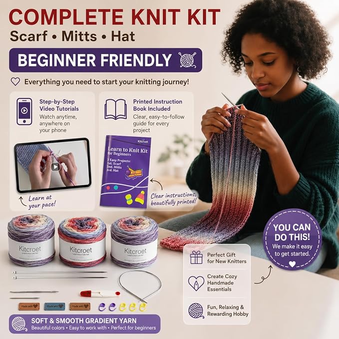 Kitcroet Knitting Kit for Beginners, Complete Learn to Knit Starter Kit with Scarf, Hat & Gloves, Video Tutorials & Written Instructions, 25% Extra Yarn, Knitting Set for Beginners, Amethyst Ombre