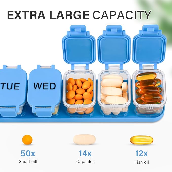 Yaklim 2-Pack Large Waterproof 7-Day Pill Organizer - Extra Large AM/PM Pill Boxes for Vitamins, Fish Oils & Supplements, Portable Daily Medication Dispenser with 14 Compartments