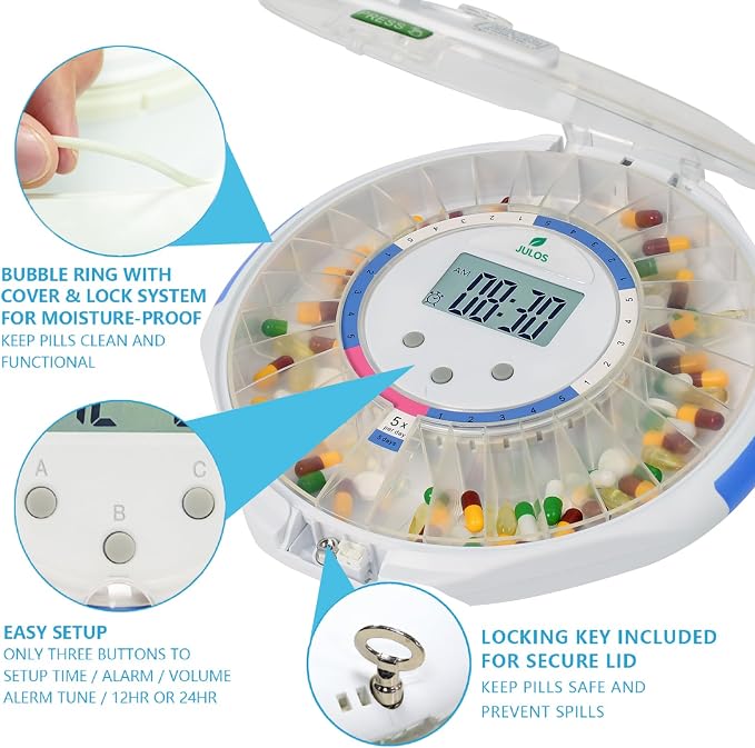 JULOS 28-Day Automatic Pill Dispenser with Alarm for Chronic & Alzheimer’s Care, Locked Medication Organizer w/Easy-Read LCD Display, Sound & Light & Alerts for Medication, Vitamins & More, Clear Lid | Sound/Light Alarms - Up to 6 Daily Doses, Easy-Rea...