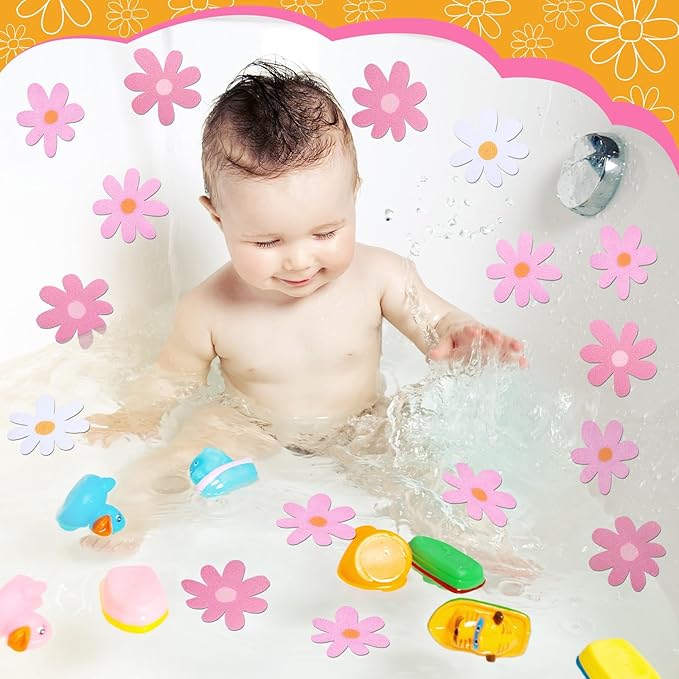 24 Pcs Flower Non Slip Bathtub Sticker Daisy Skidproof Shower Sticker Anti Slip Shower Decals Bathe Treads Adhesive Appliques Scraper Bright Flower Adhesive Decal for Bathroom Decor(Pink)