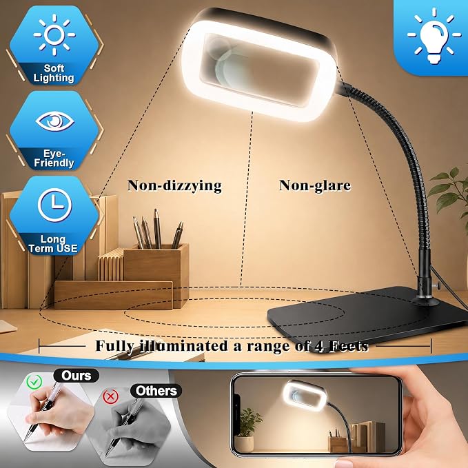 10X 30X Large Magnifying Glass with Light and Stand | Lighted Magnifier,72 LEDs,3 Color Modes , Hands-Free Magnifying Desk Lamp for Reading, Craft, Hobby, Close Work