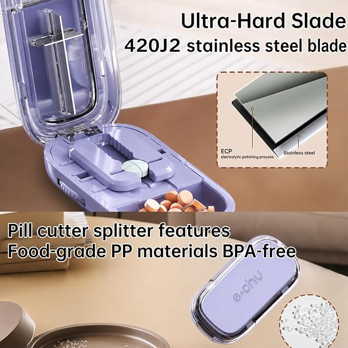 Pill Cutter Splitter for Small and Tiny Pills - Adjustable Pill Splitter with Centering Device for Cutting Multiple Pills, Accurate Alignment and Easy to Use, Storage Organizer (Purple)