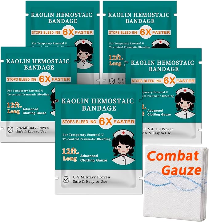 Quick Clot Gauze, First Aid Advanced Stop The Bleed Kit Combat Flexible Hemostatic Gauze-Bleed Stop Faster Wound Packing Medical,Survival Kit Supplies (3" x 12.5) (5)