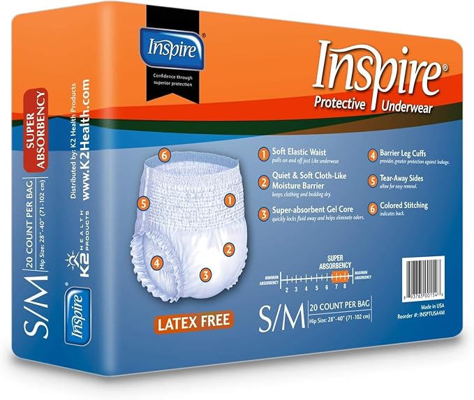 Inspire Protective Underwear for Men and Women | Adult Diapers | Bowel Incontinence Under wear for Adults | Disposable Pull Ups - 4 Bags of 20 | 80 Total (Small/Medium)