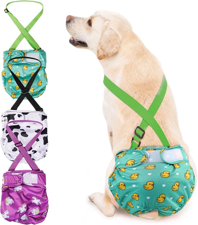 Avont 3 Pack Washable Female Dog Diaper with Suspender - L | Reusable Girl Doggie Diapers for Small Medium Large Dog in Heat Cycle Period Incontinence (Duck/Cow/Pony)
