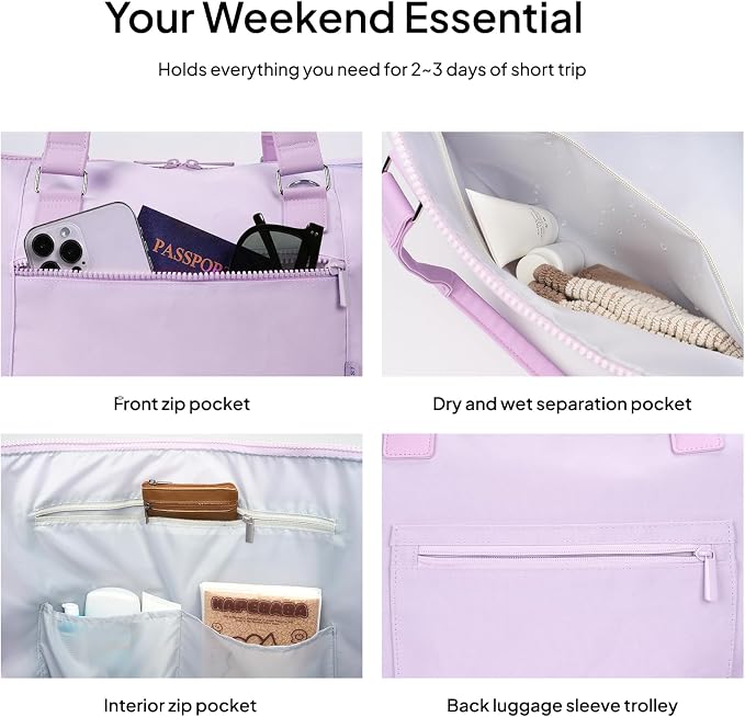 Travel Duffle Bag for Women, 40L Weekender Bags Airline Approved Carry On with Shoe Compartment & Waterproof Wet Pocket, Durable Nylon Weekender Overnight Bag for Travel, Gym, Business Trip, Purple