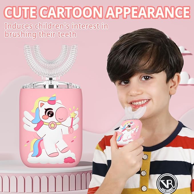 Kids Electric U Shaped Toothbrush, Kids Unicorn Sonic Automatic Toothbrush with 4 Soft Brush Heads with Toothpaste - (Age 2-7, Pink)