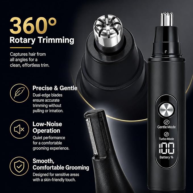 2026 Nose Hair Trimmer for Men and Women Led Display Ipx7, USB Rechargeable Ear Hair Trimmer with Dual-Edge Blades, Two-Speed Adjustment,Double Head Painless Ear & Facial Hair Trimmer(Black