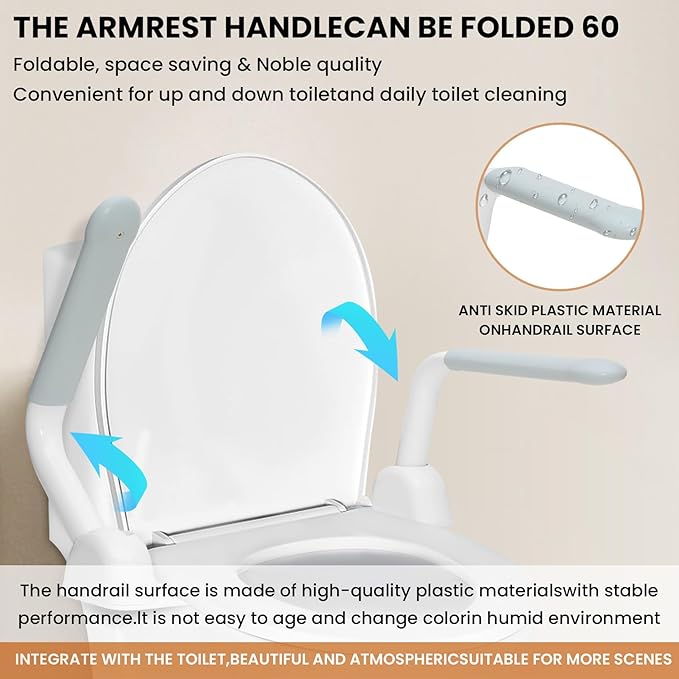 Toilet Safety Rails for Seniors 、 Adjustable Armrest, Space Saving, Stylish and Durable, Anti Slip and Anti Fall, Suitable for Elderly, Disabled, Pregnant Women with Armrest Toilet Safety Rail