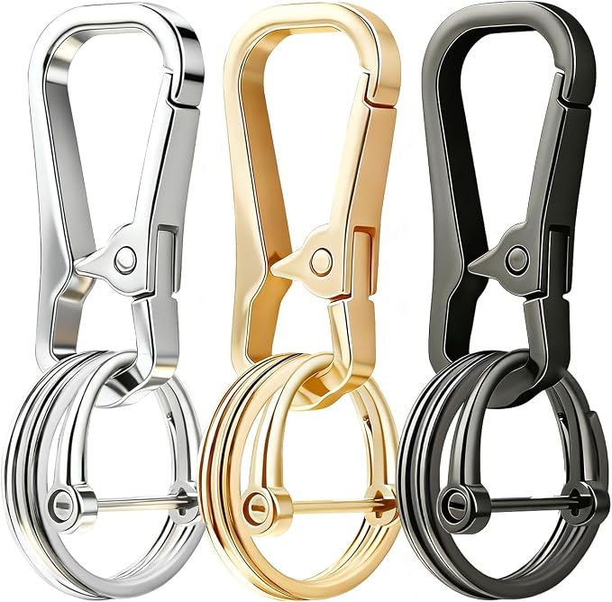 Metal Key Chain Carabiner Clip with Key Ring and D Ring | Heavy duty build, full accessory packs, quick release, multi purpose hook, belt loop holder, separate home and car fob sets