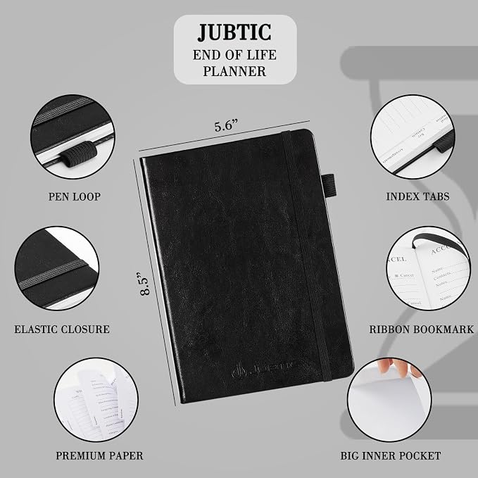JUBTIC End of Life Planner, Estate Planning Organizer, Death Planner with Labels, Just in Case I Die Book Organizer, Will Preparation, Funeral Planning, Final Arrangements Notebook (5.6 * 8.5”)-Black