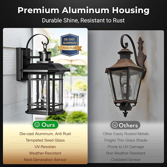 VIANIS Large Black Outdoor Motion Sensor Light, Distance and Time Adjustable Dusk to Dawn Exterior Lighting Fixtures, Anti-Rust 100% Aluminum Patio Wall Light Fixture for House, Garage, Backyard