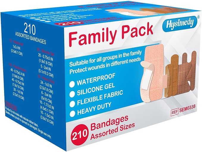 Hysimedy Adhesive Assorted Bandages Variety Pack 210 Counts Flexible Fabric Heavy Duty Waterproof Silicone Hypoallergenic Latex Free for Sensitive Skin Wounds Care Medical First Aid Kit Supplies