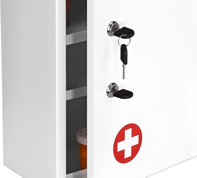 AdirMed White Locking Medication Cabinet with Document Pocket, Metal Wall Mounted Medication Cabinet with Dual Lock and Dual Keys, 21" H x 16" W x 6" D
