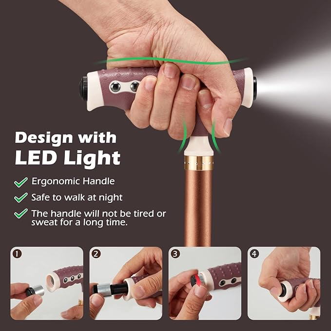 Haddockway Walking Cane with Folding Seat 440lbs Capacity Portable Crutch Chair with LED Light Adjustable Height Outdoor Rest Stool Sticks for Elderly Seniors Women Men