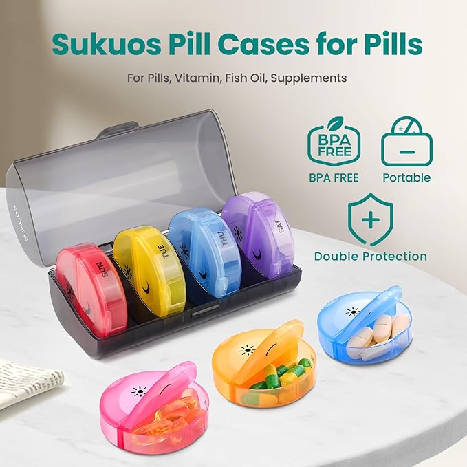 Sukuos Large Weekly Pill Organizer 2 Times a Day, Daily Pill Box 7 Day Easy to Open with Double Protection, AM PM Pill Case for Medicine/Vitamin/Fish Oil/Supplements