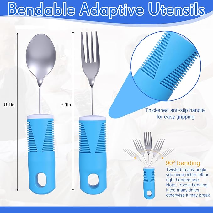 6 Pcs Adaptive Utensil with Bib Bowl Plate Set Weight Cutlery Gift for Christmas Elderly Disabled Arthritis Parkinson(Blue)