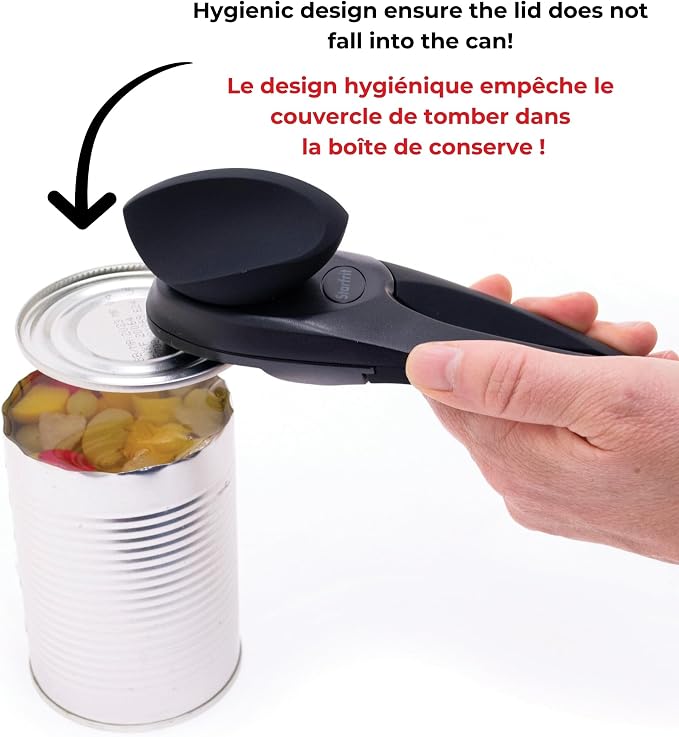 Starfrit MightiCan Can Opener, Safe Smooth-Cut, Comfort Grip, Black | Safe can opener. Holds lid after cutting. No sharp edges. Comfort grip. Non-slip knob. 3-year warranty.