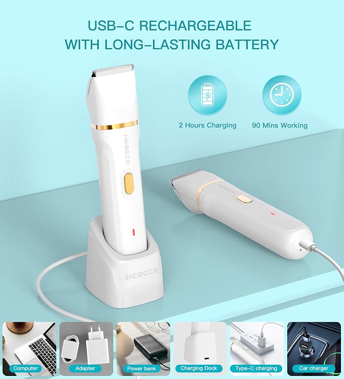 HEBECA Bikini Trimmer for Women, 3in1 Electric Razor for Women with Facial Trimmers & Intimate Shaver for Sensitive Skin, Waterproof Wet & Dry Use Rechargeable Pubic Hair Trimmer Removal