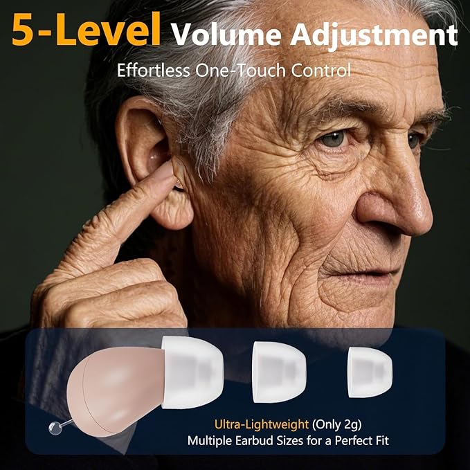 Hearing Aids for Seniors, Mini Rechargeable and Long-Lasting Invisible in-THE-Ear Hearing Aids with Noise Cancelling, Customizable Listening Experience and Easy Control (Beige)