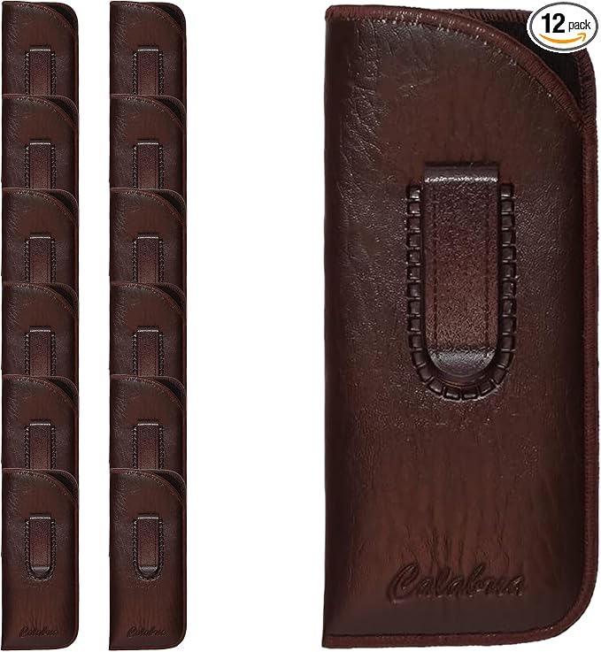 Calabria Slim Eye Glasses Case w/Clip Soft PU Leather Brown Men Women Eyeglasses Pouch Slip-In Eyewear Holder Sunglass Bag - 12PACK