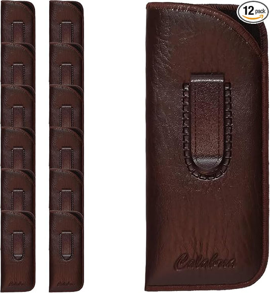 Calabria Slim Eye Glasses Case w/Clip Soft PU Leather Brown Men Women Eyeglasses Pouch Slip-In Eyewear Holder Sunglass Bag - 12PACK