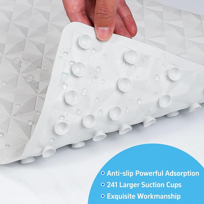 Non Slip Bathtub Mat for Bath Tub Shower Safety - Natural Rubber Mat with Suction Cups ＆ Drain Holes - BPA/PVC Free Large Bathroom Mat - Machine Washable - Unique Diamond Pattern - 17 × 35 Inch