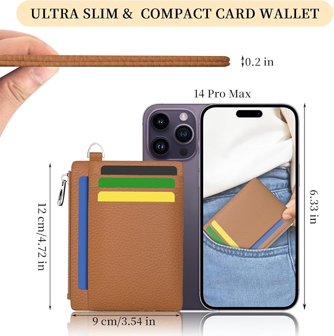 Hancynir Brown Minimalist Small Wallet Women Credit Card Holder RFID Slim | Zipper Pocket Wallet, Thin Travel Coin Purse, Ladies Women Mens Gifts, Cute Card Case, 6 Card Slots, ID Window, PU Leather