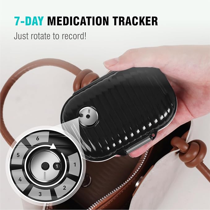 Travel Pill Organizer, 7 Compartments Portable Pill Case, Daily Pill Box, Small Pill Container for Pocket Purse Medicine Organizer(Black)