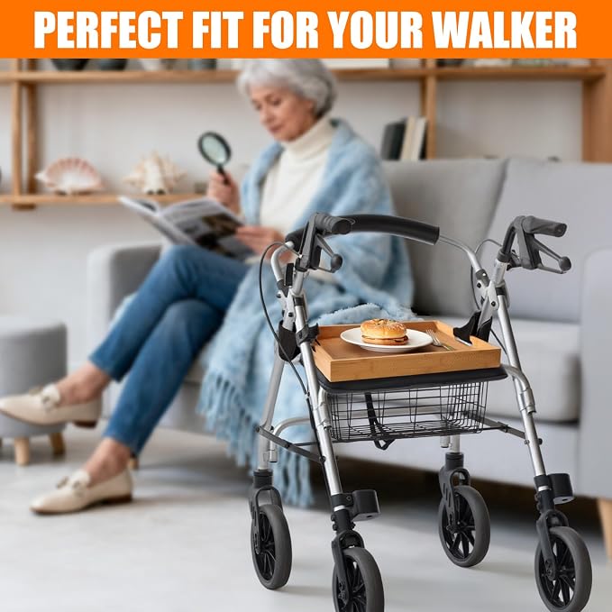 Rollator Tray Table with 2pcs Straps,15.7x11.4" Bamboo Walker Tray | 15.7x11.4" Portable Multipurpose Bamboo Walker Tray for Eating, Crafts, Laptops Medical Equipment Accessories,Walker Table