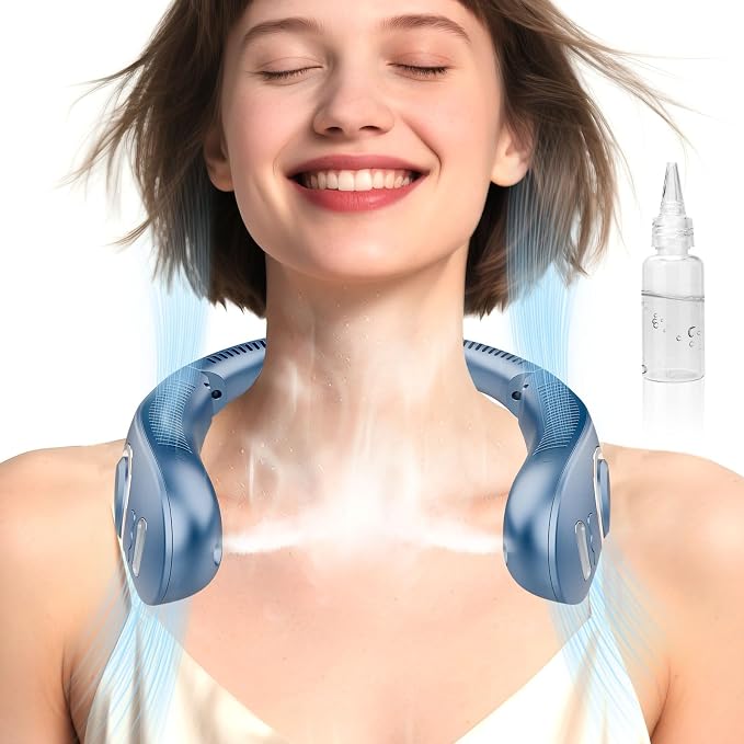 Personal Neck Fans Mister with Water Spray, 4000mAh 4-9H Lasting, Mini Foldable Leafless AC for Neck Face Shoulder, LED Cordless Hanging Wearable Headphone Fan for Kid Adult Worker Hot Weather, Blue