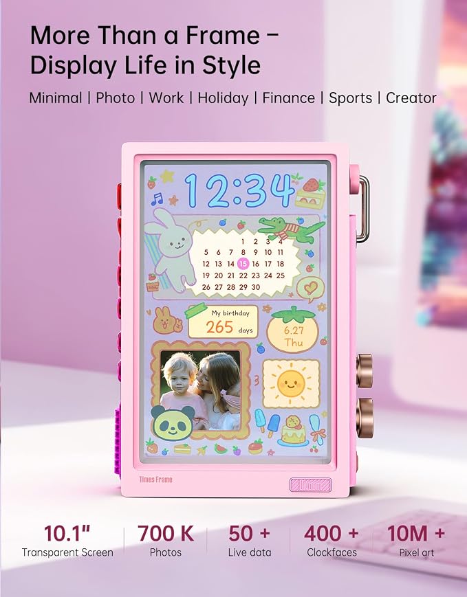 Divoom Times Frame 10.1-Inch WiFi Digital Picture Frame & Desk Display | 64GB, Free App, No Subscription Fees, Upload Photos/Videos, Calendar, Weather, Sports Scores, DIY Content, Pink