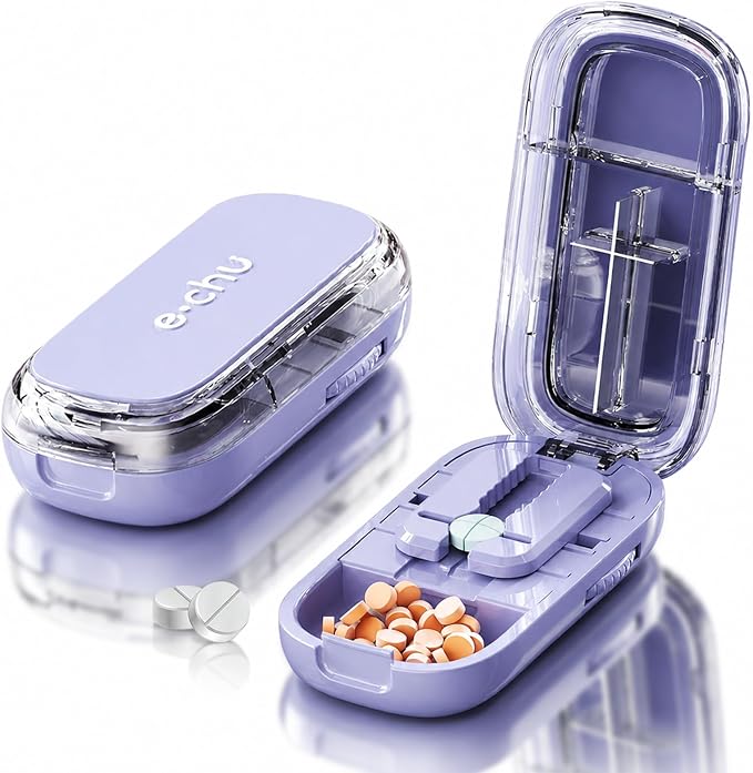 Pill Cutter Splitter for Small and Tiny Pills - Adjustable Pill Splitter with Centering Device for Cutting Multiple Pills, Accurate Alignment and Easy to Use, Storage Organizer (Purple)