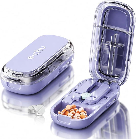 Pill Cutter Splitter for Small and Tiny Pills - Adjustable Pill Splitter with Centering Device for Cutting Multiple Pills, Accurate Alignment and Easy to Use, Storage Organizer (Purple)