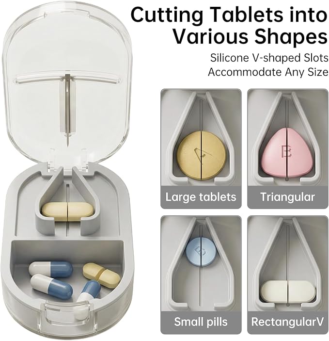 Pill Cutter Splitter for Small or Large Pills, Portable Pill Splitter with Hidden Professional Organizer and Brush, Tablet Cutter Medicine Slicer, Coupe Pilule for Tablets and Vitamins(Gray)