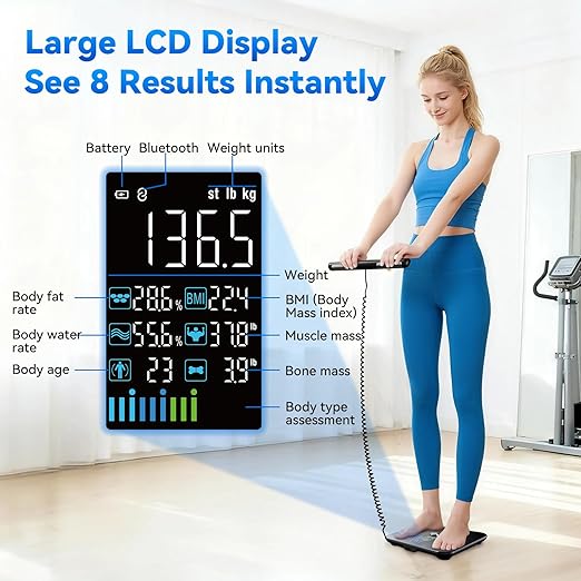 Lepulse Smart Scale for Body Weight, 8-Electrode Body Composition Scale with BMI, Body Fat, Muscle Mass, Rechargeable Body Fat Scale with 20 Metrics in App, Large Color Display and Report (Black)