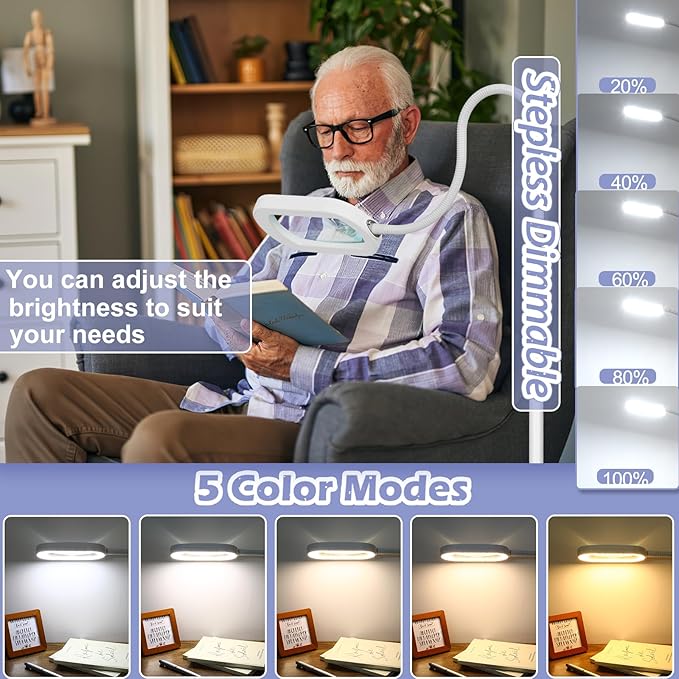Drdefi 10X Rectangular Real Glass Magnifying Glass with Light and Stand, 24" Flexible Gooseneck Floor Lamp, 5 Color Modes Stepless Dimmable, 3-in-1 LED Lighted Magnifier Light for Reading Crafts White