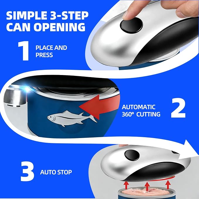 Kitchen Rechargeable Electric Can Opener, One-Touch Opening, Smooth Rim, USB-C Fast Charge, Senior Friendly, Silver, Hands-Free Design, Easy to Grip and Fits Most Cans