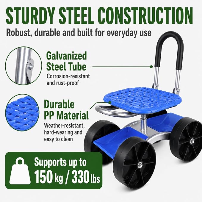 Rolling Garden Seat with Wheels, Adjustable Garden Scooter Stool with Backrest,Garden Cart with Tool Storage Tray & Backpack, Gardening Work Seat for Weeding, Planting, Yard Work (Without Backpack 3)