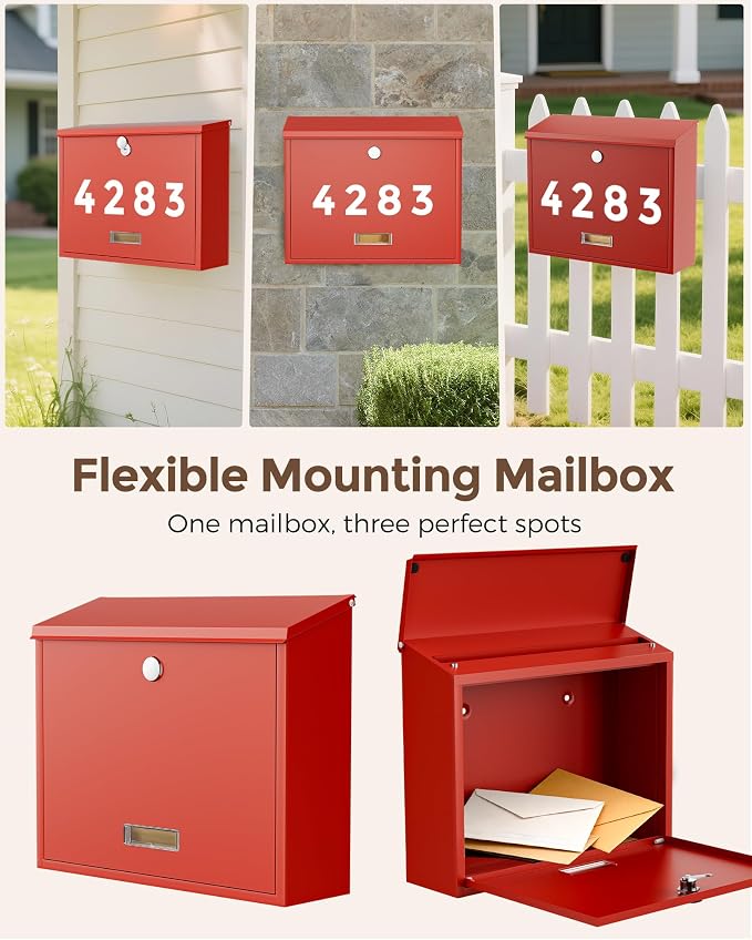 LAND·VOI Locking Wall-Mount Mailbox for Outside, with 4 Keys, Galvanized Steel Rustproof Metal Postbox, 4" Dx13.8 Wx11.2 H, Includes 3 Sets of Mailbox Numbers, Nameplate, Red