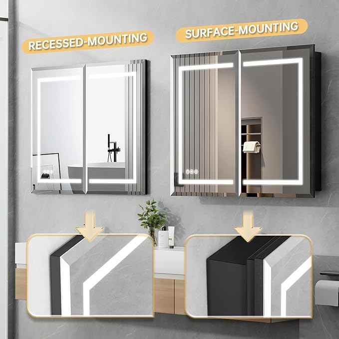 36"X30" Bathroom Medicine Cabinet with Mirror, LED Lighted Medicine Cabinet with Anti-Fog, 3 Colors Temperature Stepless Dimmable, Metal Cabinet for Storage and Mordern Decor, Black