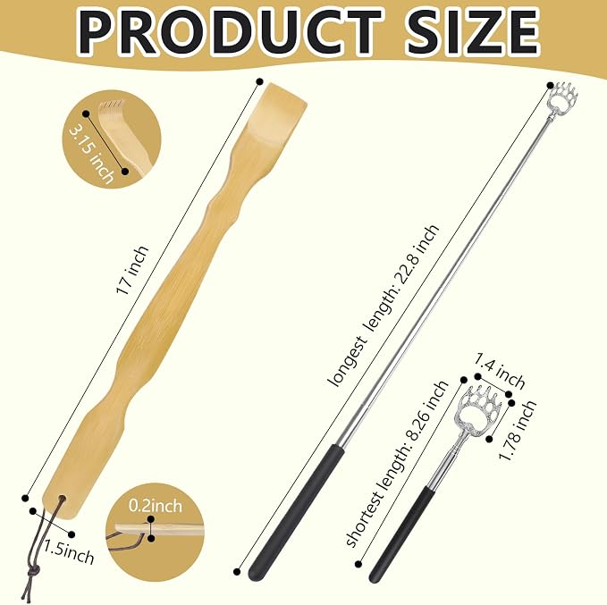 4Pcs Back Scratcher Set, Bamboo & Extendable Stainless Steel | Bear Claw Back Scratcher,BackScratcher Gift for Elderly Men Women Adults (Natural+Black)